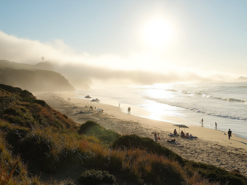 Mid-morning view of Torrey Pines State Beach, with fog revealing surfers, beachgoers, and coastal vegetation