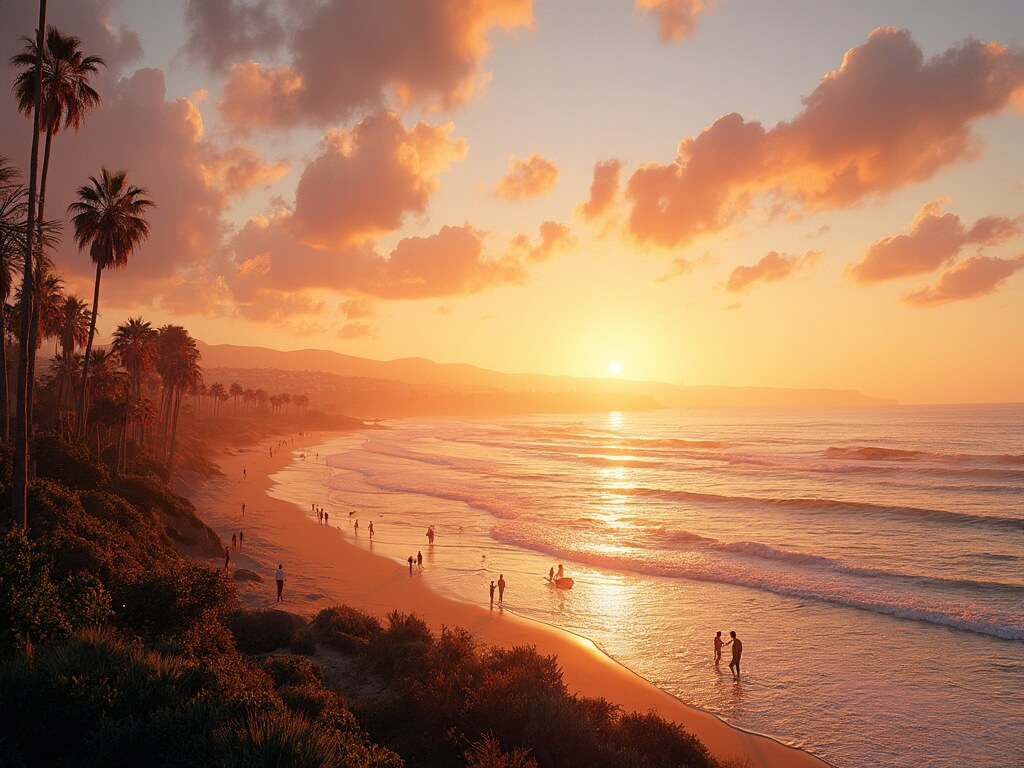 "Golden sunset over San Diego's Torrey Pines State Beach during a clear November afternoon with palm trees, surfers, beachgoers, and distant cliffs of La Jolla"