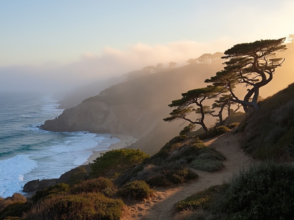 Early morning sunlight showering Torrey Pines State Reserve's misty coastal cliffs with desert vegetation, winding hiking trails, and peaceful Pacific Ocean below.