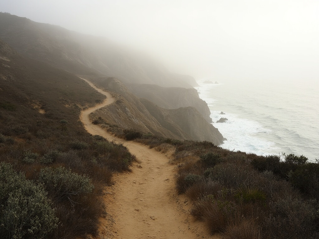 Misty morning with winding trails at Torrey Pines State Natural Reserve overlooking the Pacific Ocean