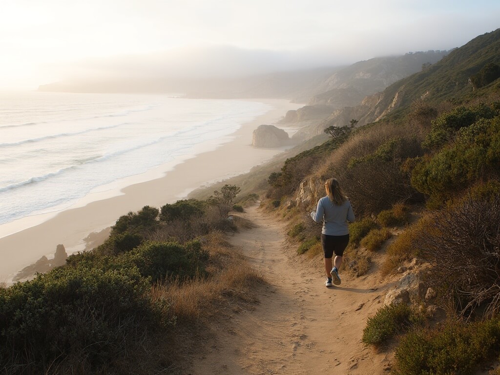 Early morning joggers on a misty trail with panoramic ocean views, sandstone cliffs and native vegetation at Torrey Pines State Natural Reserve