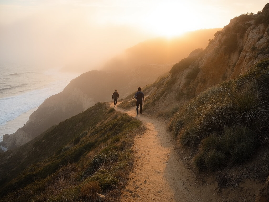 Early morning at Torrey Pines Reserve with sunlit foggy hiking trails, sandstone cliffs, and Pacific Ocean view