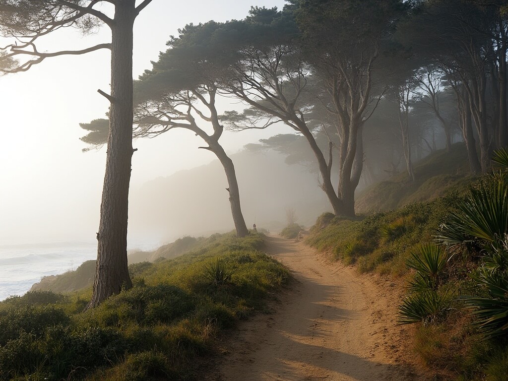 Morning hiking trail in Torrey Pines State Reserve with pine trees, dirt paths, marine fog from Pacific Ocean, and coastal vegetation in diffused light