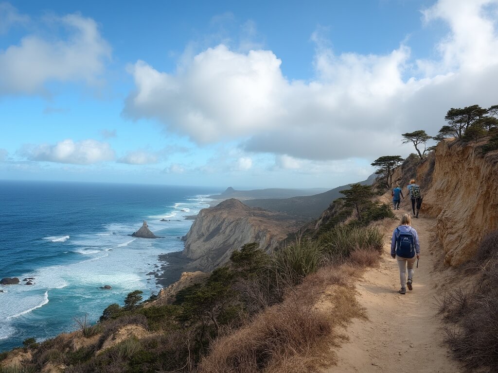 Hikers trekking Torrey Pines State Natural Reserve trails atop sandstone cliffs, with expansive view of Pacific Ocean and dramatic clouds in vivid blue sky, in afternoon winter light.