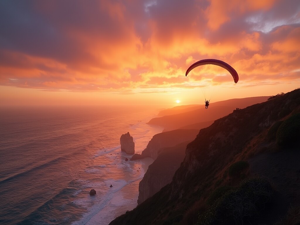 Paraglider soaring over coastal cliffs at Torrey Pines during a vibrant orange and purple sunset with reflected light on the ocean