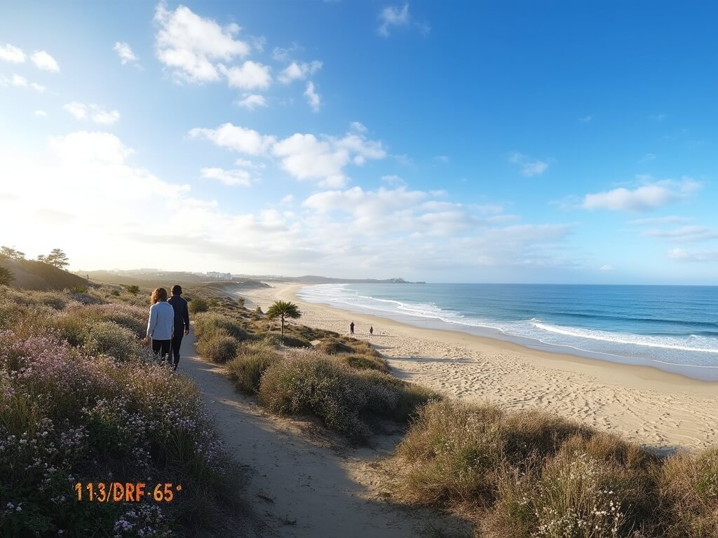 "Panoramic view of Torrey Pines State Beach in San Diego under the clear blue sky of January, with winter wildflowers in the foreground and people in light sweaters enjoying the 65°F weather, cast in the warm golden glow of the late afternoon sun."