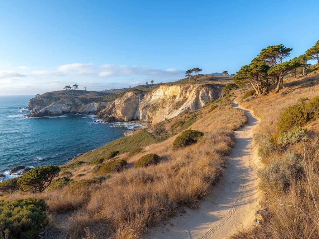 Panoramic view of Torrey Pines State Natural Reserve featuring golden cliffs, blue sky, sparse clouds, Pacific Ocean, native pine trees and winter sun casting long shadows on hiking trails