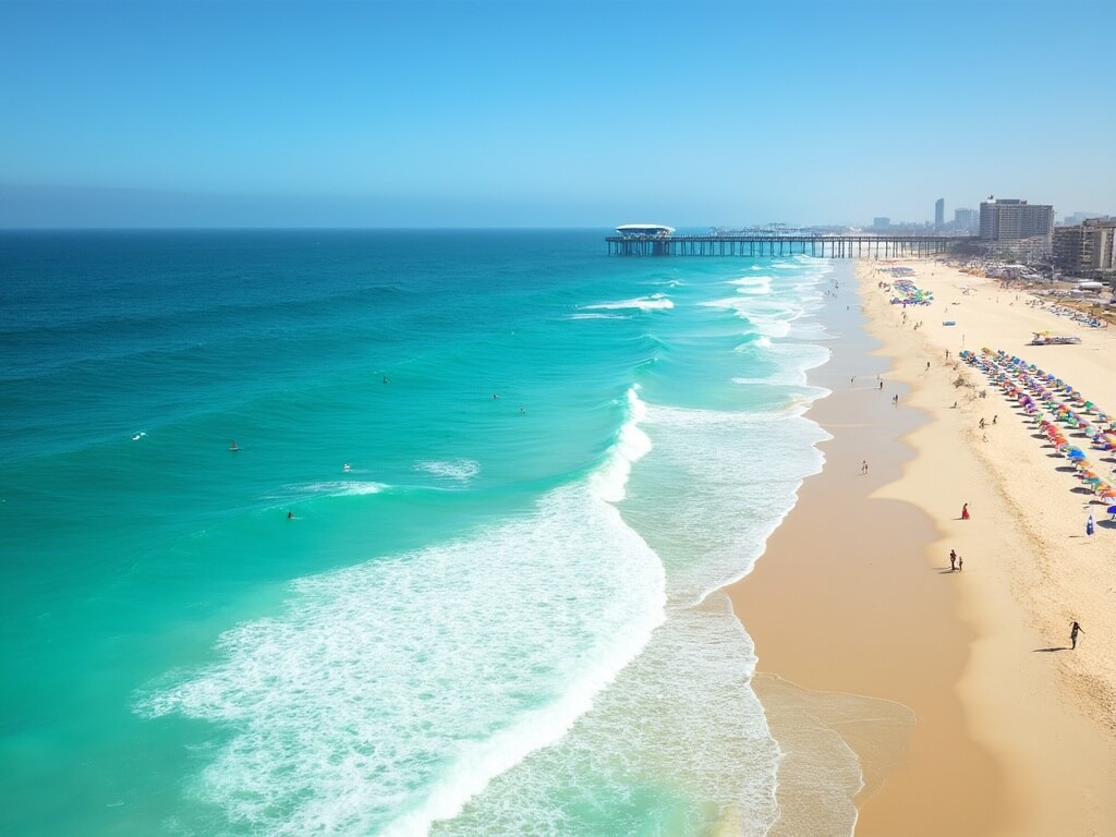 Aerial view of turquoise ocean meeting sandy shore with surfers, colorful beach umbrellas, and distant pier under clear blue October sky