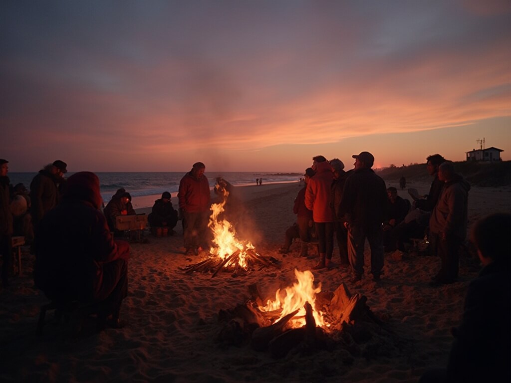 Twilight beach gathering with people around bonfires, sporting jackets and light sweaters, under an orange and purple sky with calm ocean waters in the background.