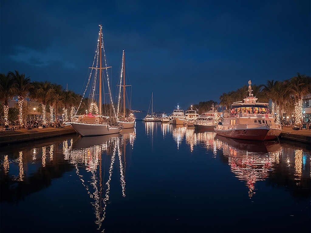 Decorated boats with holiday lights reflected on calm harbor waters at twilight, lined with palm trees