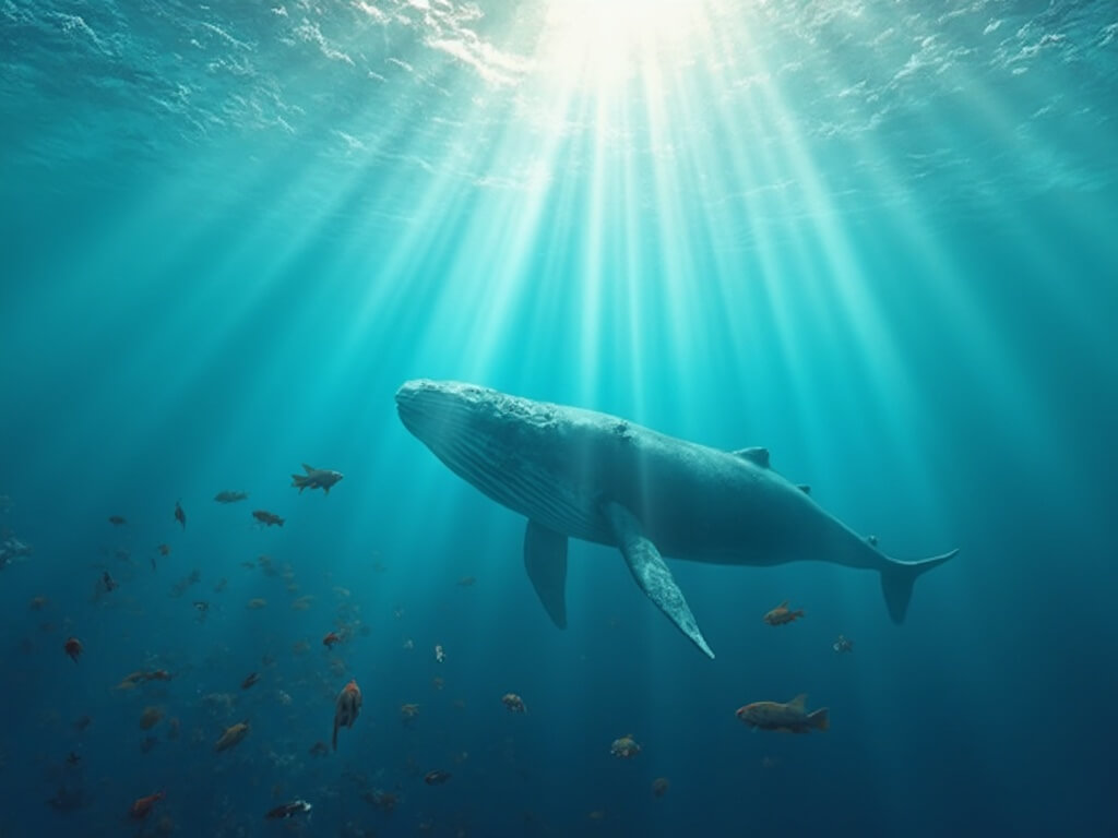 Gray whale swimming in the distance in turquoise waters with colorful fish in the foreground and sunlight streaming through the water surface