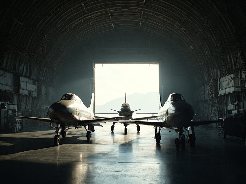 Interior view of USS Midway Museum's hangar deck showcasing vintage aircraft, lit by soft natural light streaming through bay doors