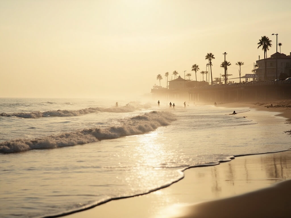 Early morning at Venice Beach with gentle waves, swimmers and surfers in the water, palm trees and boardwalk buildings silhouetted against the sunrise.