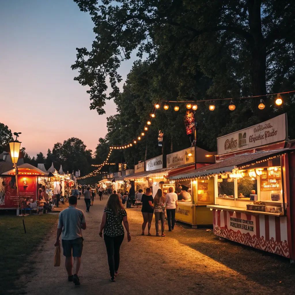 Bustling outdoor evening festival with colorful food stalls, warm ambient lighting and people casually exploring various cultural food and entertainment zones in a soft summer evening atmosphere