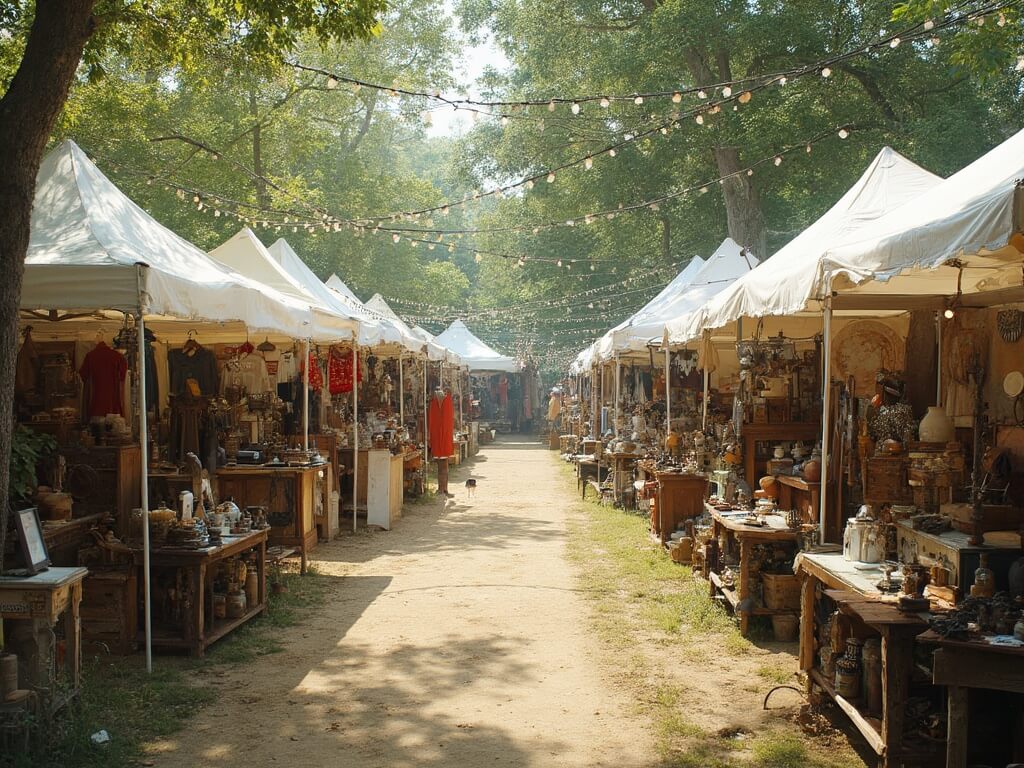 Vintage outdoor market with white tent canopies, wooden tables full of antiquities, retro clothes, collectibles, vendors arranging merchandise, string lights overhead, under dappled sunlight through mature trees.