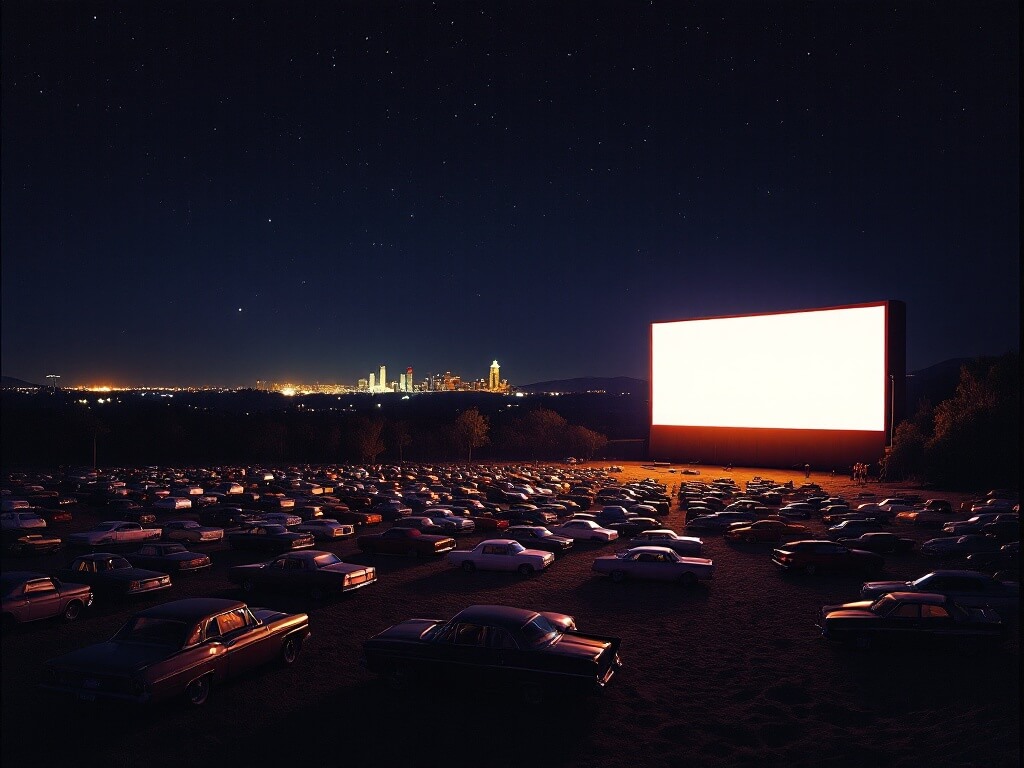 Classic cars at West Wind Drive-In theater at night, with illuminated screen, Sacramento skyline in the background, and stars overhead