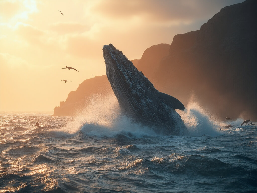 Gray whale breaching during golden hour at Pacific Ocean with dolphins, cliffs background, soaring seabirds, and sunlight reflecting on water