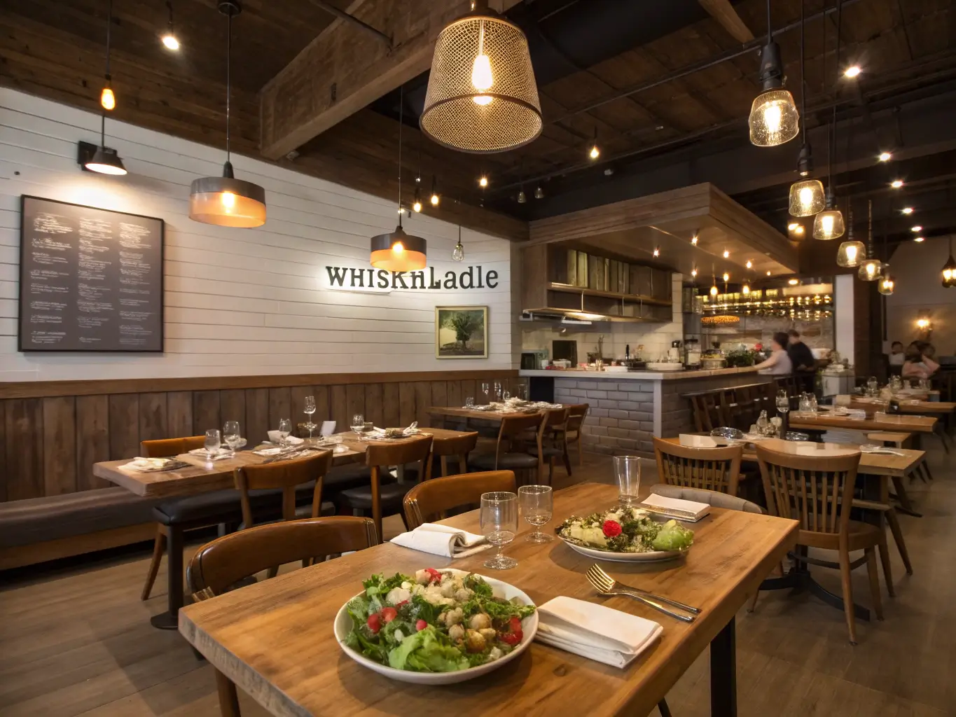 Rustic-modern interior of Whisknladle farm-to-table restaurant with wooden tables, pendant lights, open kitchen, and plated seasonal dishes.