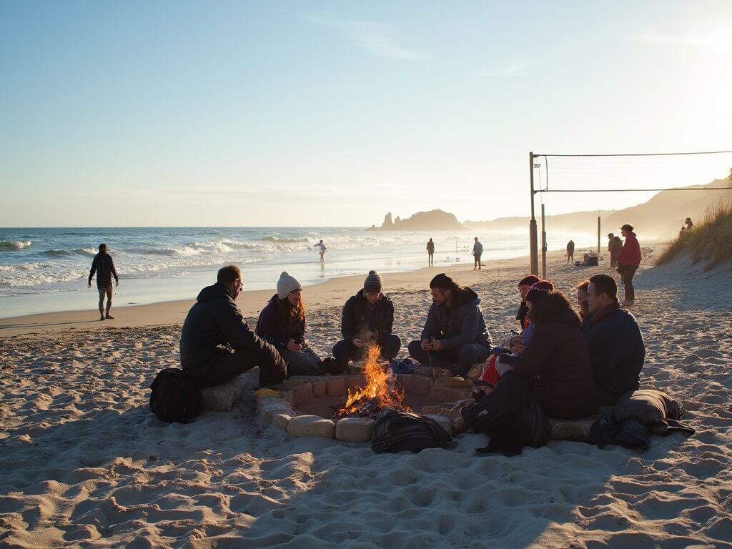 Late afternoon winter beach scene with people around fire pits, playing volleyball and enjoying the calm ocean under a clear blue sky