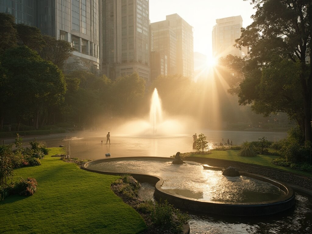 Early morning at Yerba Buena Gardens with illuminated lawns, shadows from modern architecture, performers setting up, and fountain mist in the sunrise.