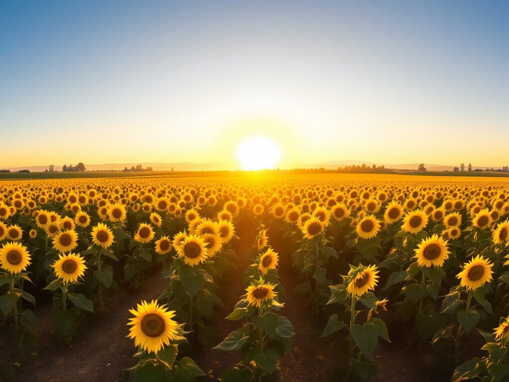 Sunrise over vast sunflower fields in Yolo County with golden light highlighting endless blooms