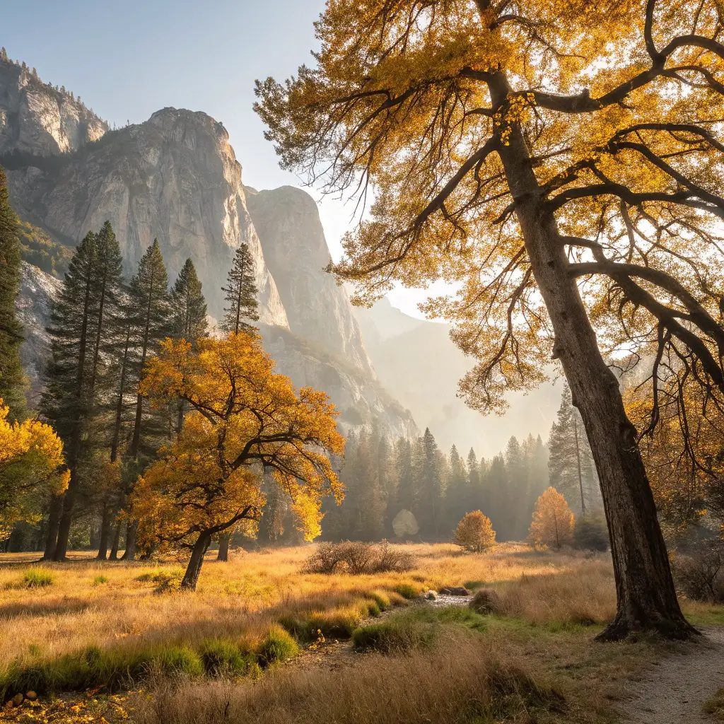 Golden landscape of Yosemite National Park in autumn with pine trees, vibrant leaves, and rocky mountains under soft morning light