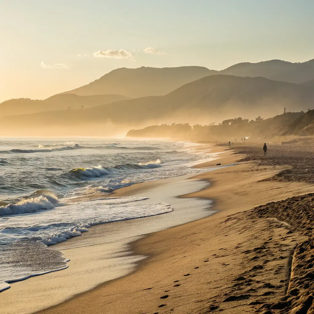 Sunrise at Zuma Beach with golden light highlighting empty shores, gentle ocean waves, distant silhouette of mountains, in a misty morning atmosphere