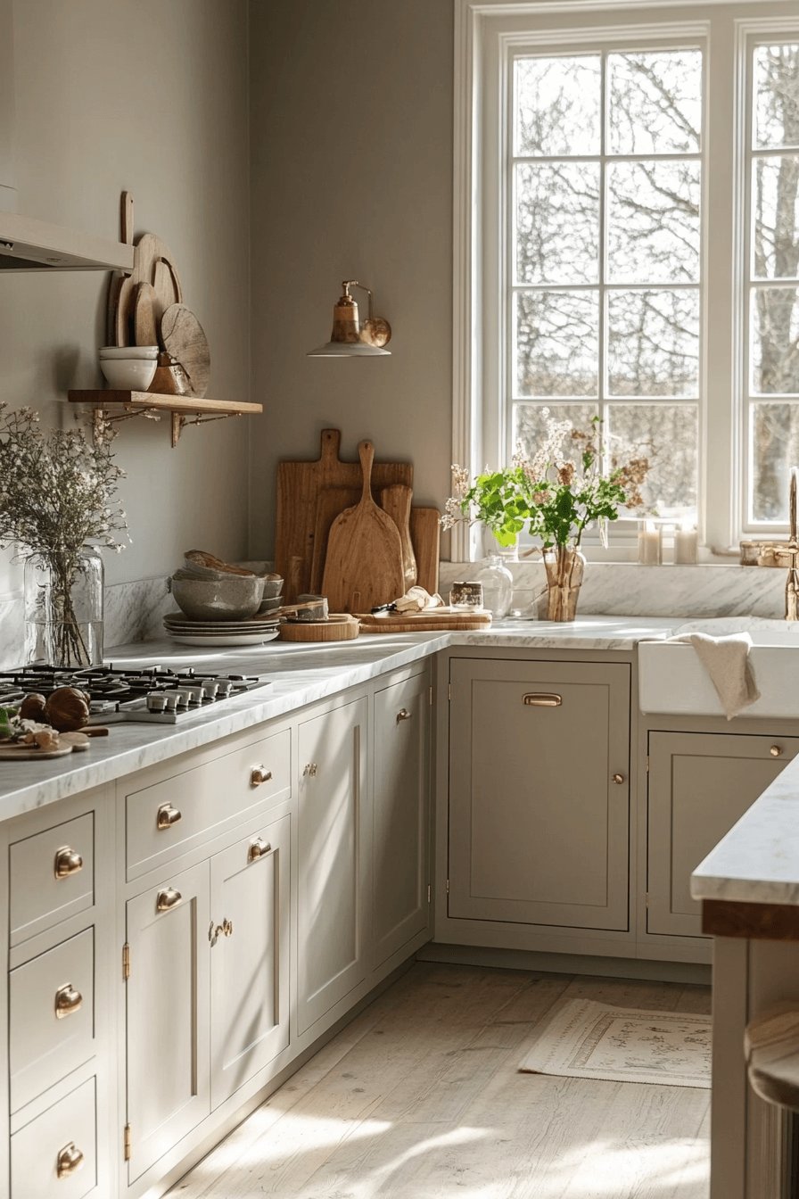 greige kitchen cabinets