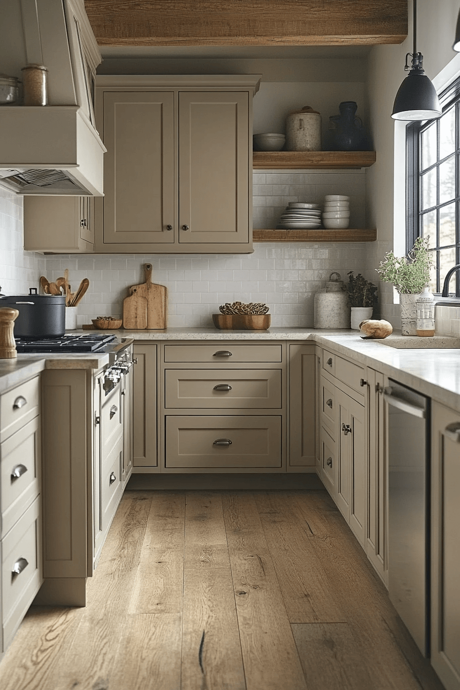 greige kitchen cabinets