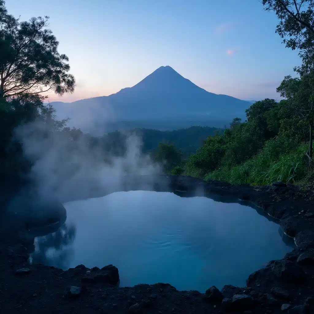 Arenal Volcano at dusk with reflection in natural hot spring surrounded by tropical vegetation
