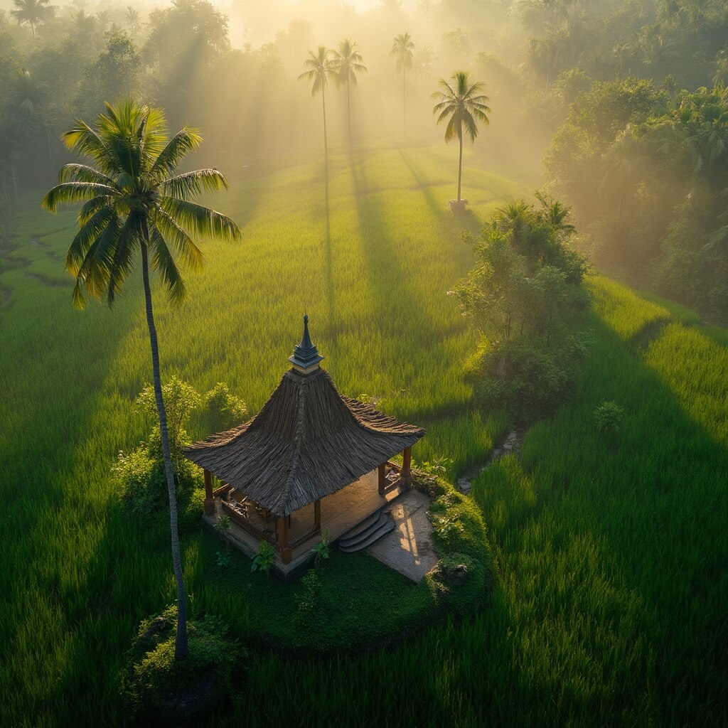 Wooden yoga pavilion amidst green rice terraces in Ubud, Bali during golden hour with surrounding palm trees and morning mist