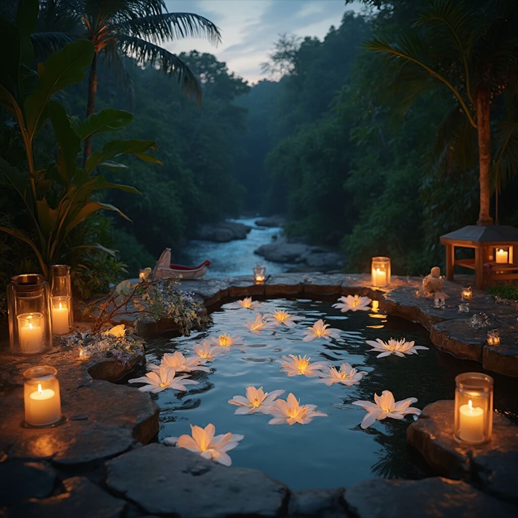 Traditional Balinese healing sanctuary at dusk with a stone pool filled with frangipani flowers, encircled by lanterns and tropical plants, and a backdrop of a river and jungle