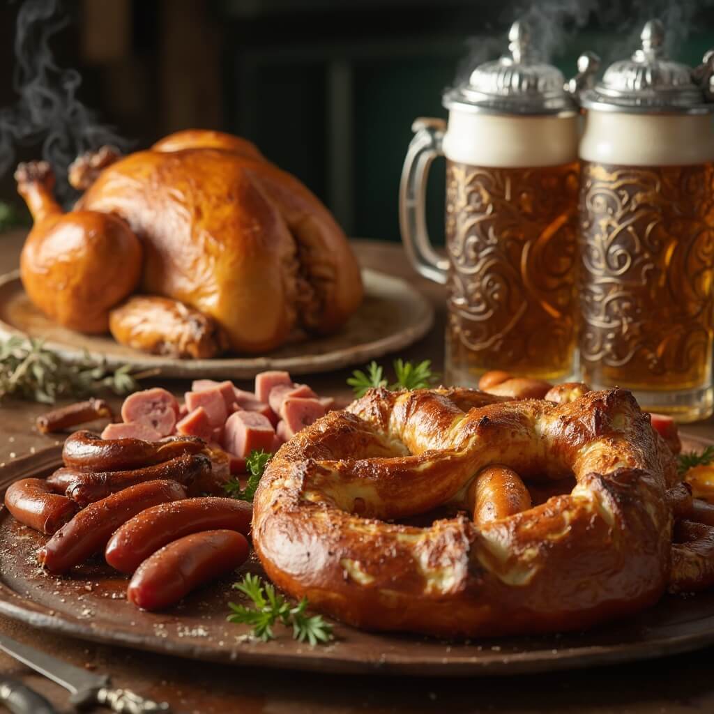 Close-up of traditional Bavarian feast with roasted chicken, pretzel, grilled sausages and beer steins on rustic wooden table