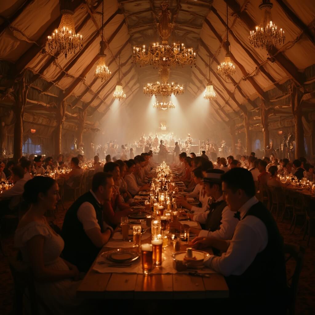 Bavarian beer tent interior at dusk with revelers in traditional dress, servers with beer steins, golden chandelier lighting, and brass band on stage.