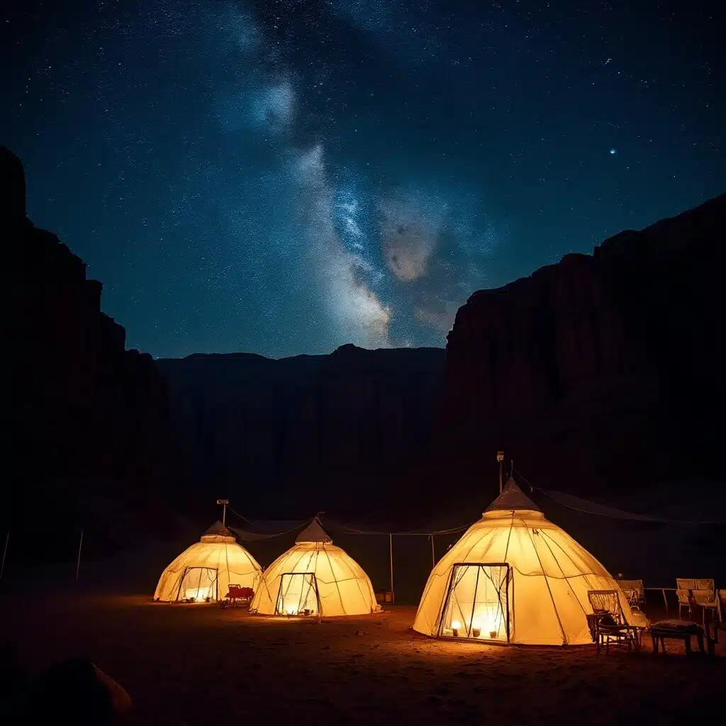 Night view of a Bedouin camp with glowing transparent dome tents under a clear desert sky showcasing the Milky Way in Wadi Rum