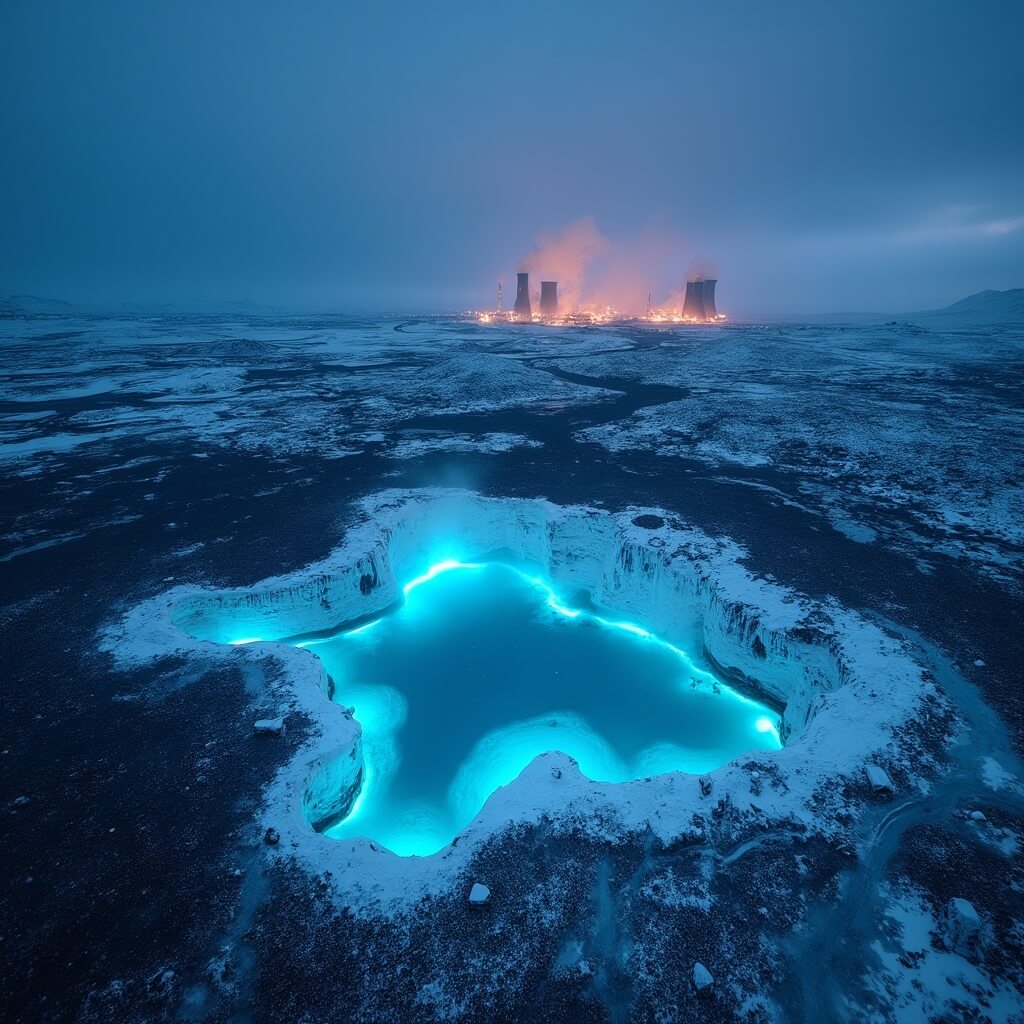 Winter twilight aerial view of Blue Lagoon complex with glowing blue waters, snow-covered black lava fields, and Svartsengi power plant's steam pillars in the background