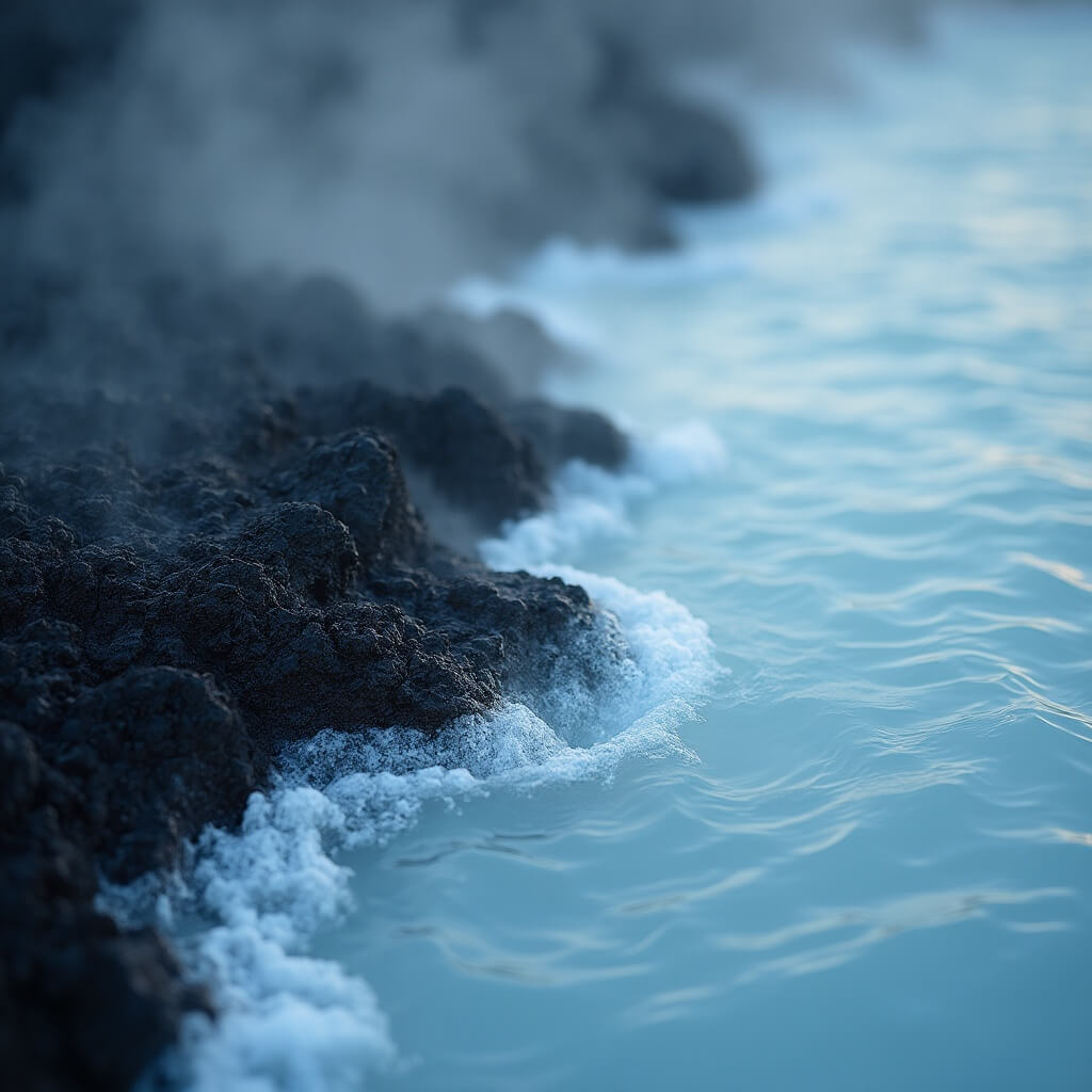 Close-up of milky-blue silica-rich water meeting black lava rock with small ripples and steam creating a dreamy atmosphere.