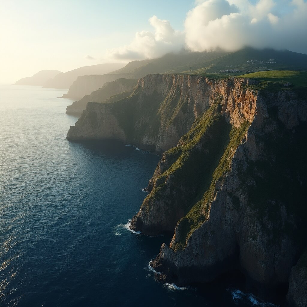 Aerial view of volcanic cliffs at Cabo Girão during golden hour with green vegetation, white clouds casting shadows on the Atlantic Ocean