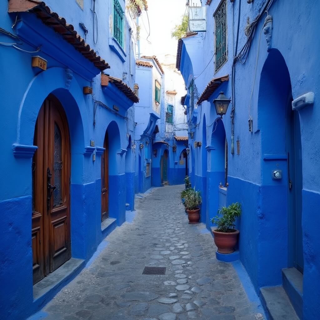 Early morning view of Chefchaouen's narrow cobblestone street with vivid blue-washed walls, arched doorways and potted plants