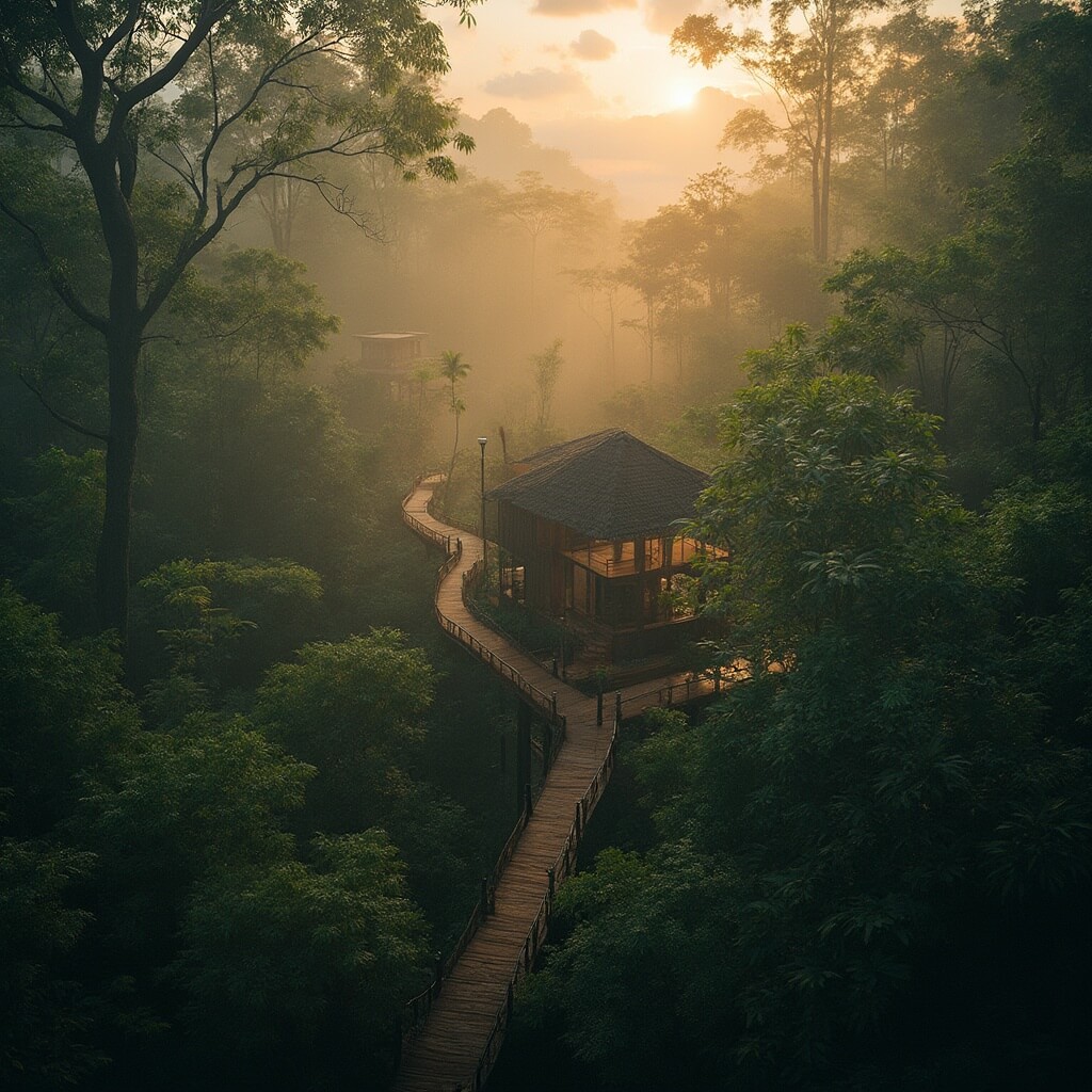 Aerial view of a luxurious eco-lodge in Costa Rican rainforest with treehouse-style bungalows connected by wooden walkways, morning mist rising through trees and sunrise illumination