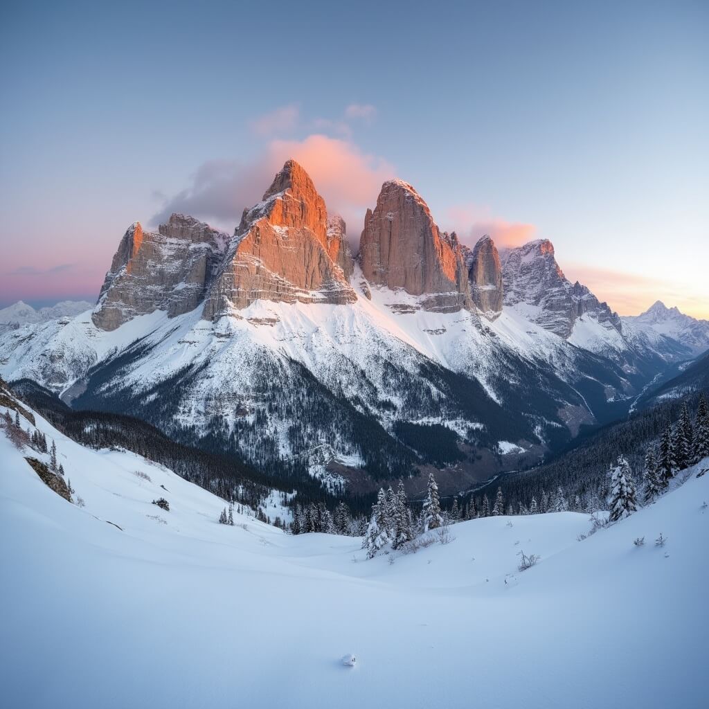Winter sunrise over jagged limestone peaks of the Dolomites with untouched snow foreground, enhanced by golden light from a wide-angle lens