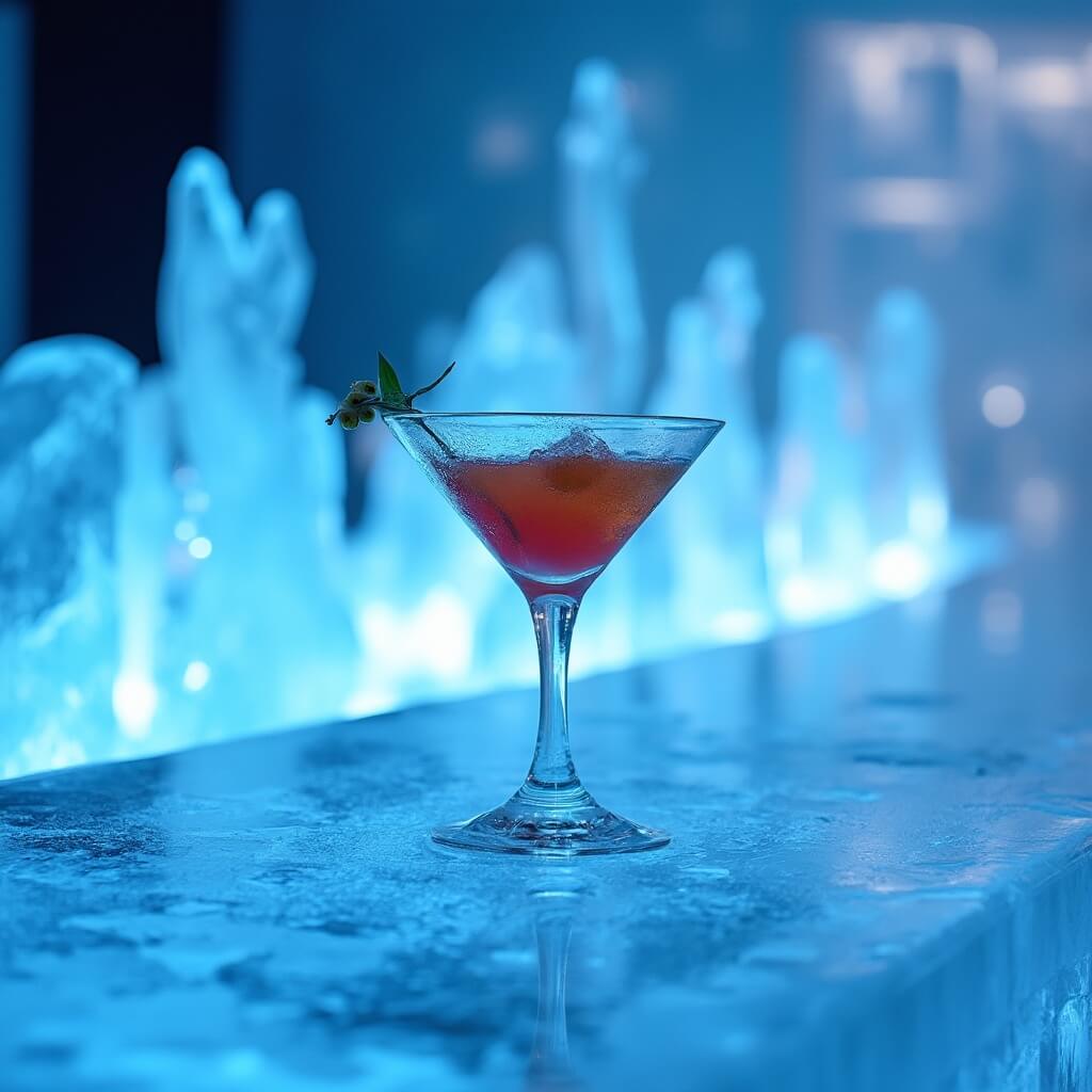 Expertly crafted cocktail in an ice glass on a glowing blue, ice bar counter with ice sculptures and crystalline walls in the background