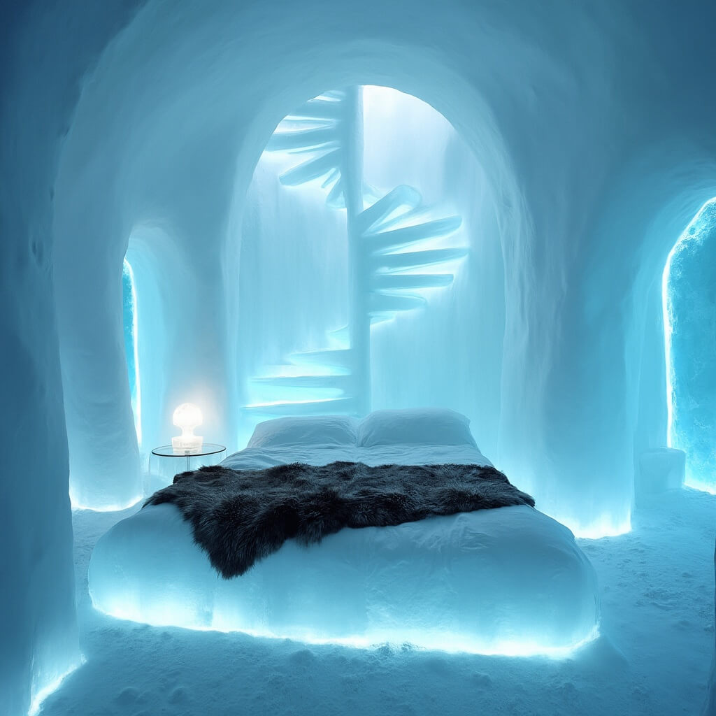 Luxurious Art Suite interior in Ice Hotel with intricate ice sculptures, detailed carved walls, spiral ice staircase, blue-tinted lighting, and an ice-carved bed with reindeer hide