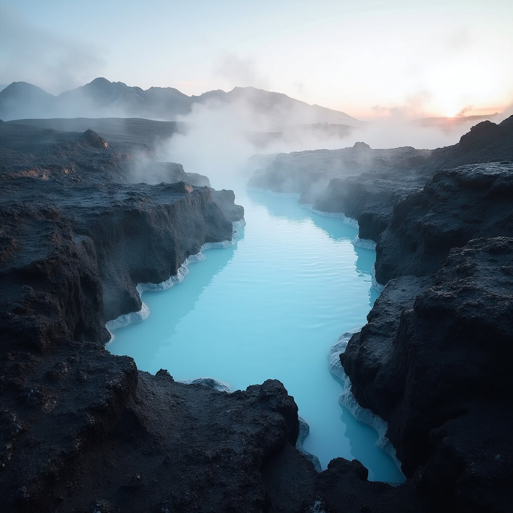 Contrasting landscape of black volcanic rocks and milky-blue geothermal waters of Blue Lagoon with rising mist during golden hour in Iceland