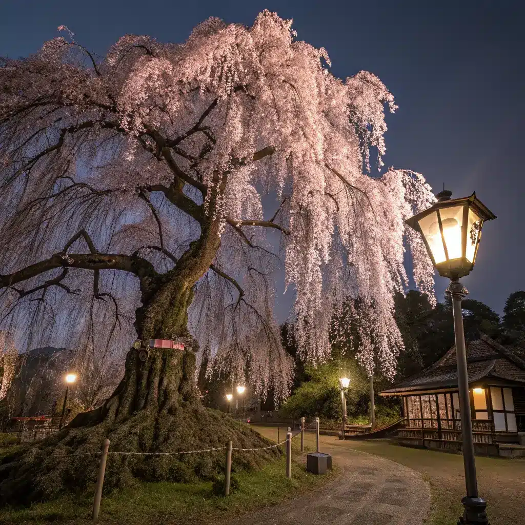Illuminated weeping cherry tree in full bloom at Maruyama Park at night, surrounded by fallen petals