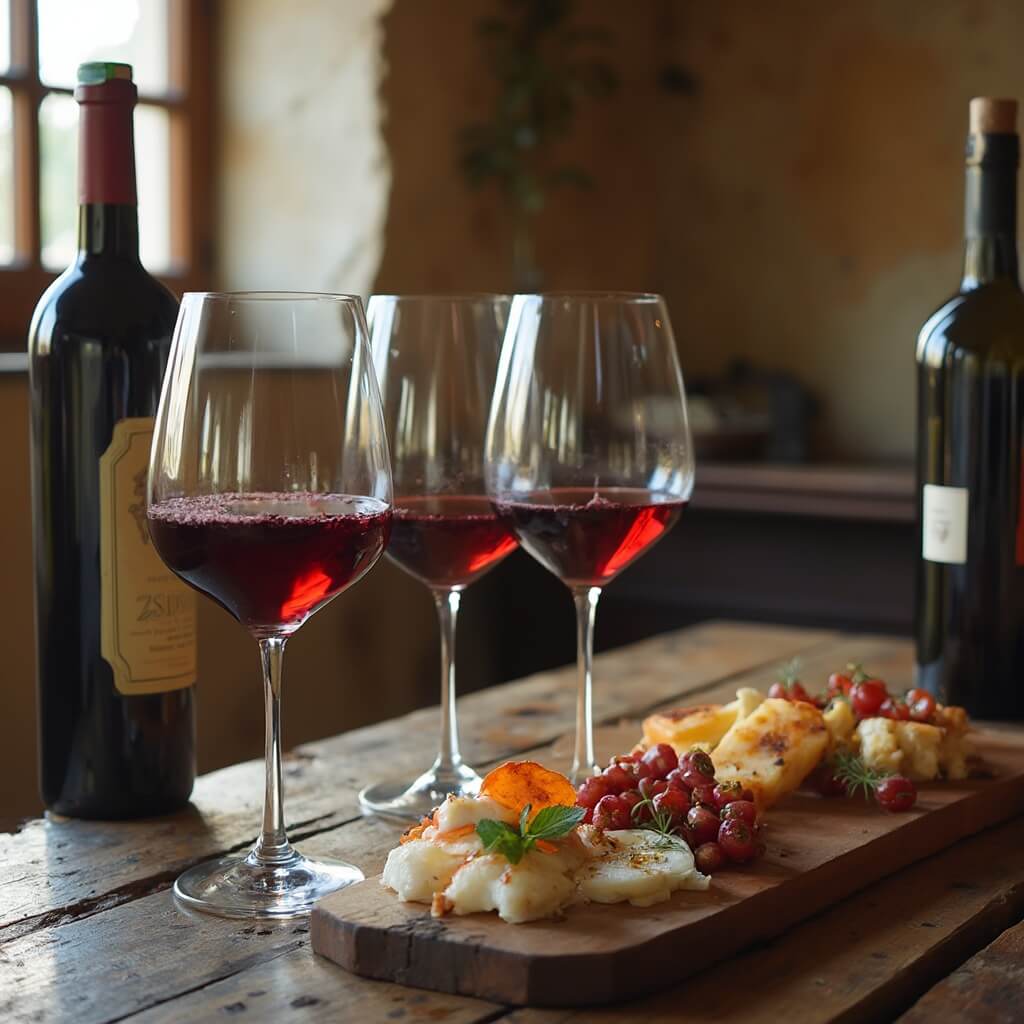 Elegant stemmed wine glasses filled with deep ruby-red wine and Italian antipasti on rustic wooden table in a Chianti estate during a professional wine tasting event