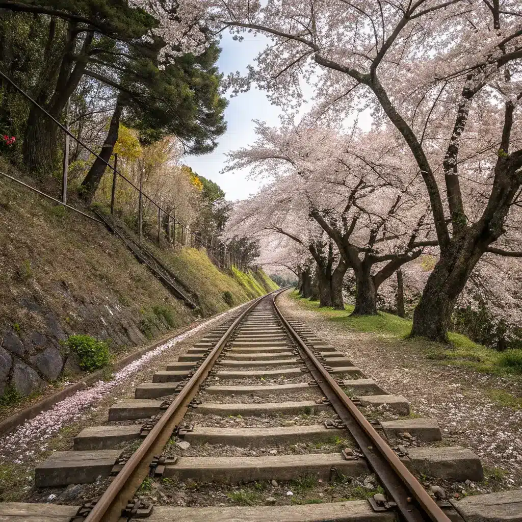 Vintage railway tracks at Keage Incline during cherry blossom season, flanked by blooming trees forming a floral archway over the historic railroad, with pink petals floating in the air and scattered on the tracks.