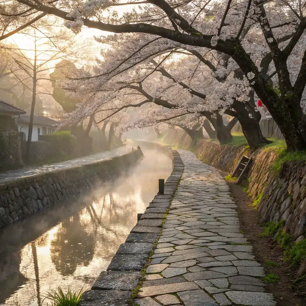 Early morning at Philosopher's Path in Kyoto with cherry blossom branches creating a natural tunnel, their reflections in the calm canal, and soft shadows on the stone path.
