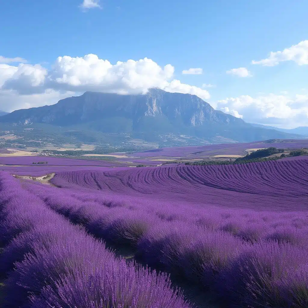 Wide-angle August landscape of Sault Plateau with deep purple lavender fields and rugged Mont Ventoux under a bright Provençal sky with wispy clouds