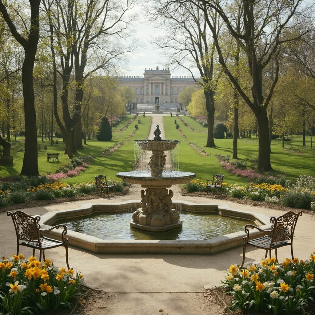 Ornate fountain in Luxembourg Gardens during spring with manicured lawns, flowerbeds of tulips and daffodils, bronze chairs and palace façade in soft afternoon light.